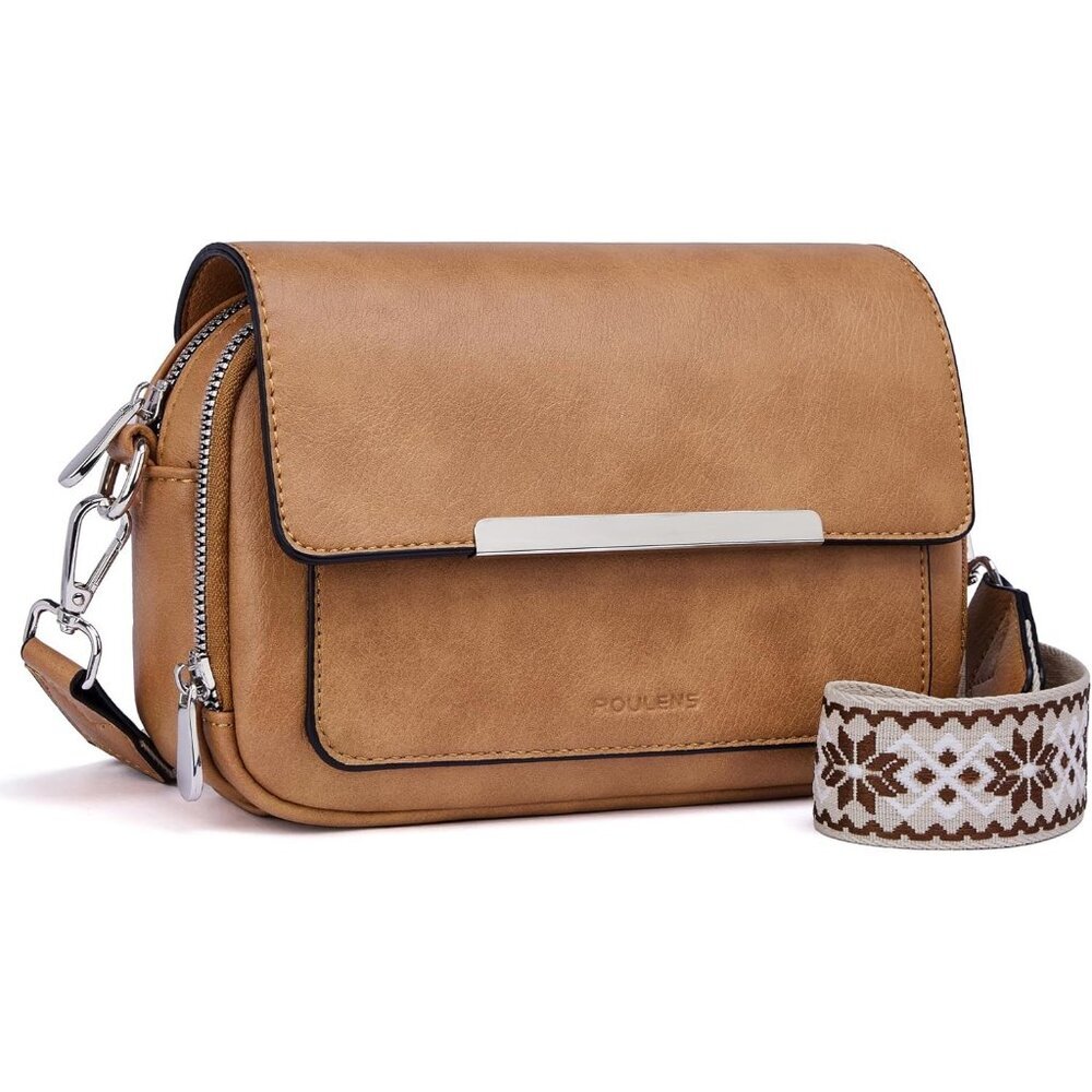 Women’s Khaki Leather Purse Imported Magnetic Snap Crossbody Zipper Bags